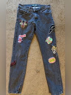 Vintage Rebel Minds Acid Washed Black Unisex Skinny Jeans with Patches 30x32